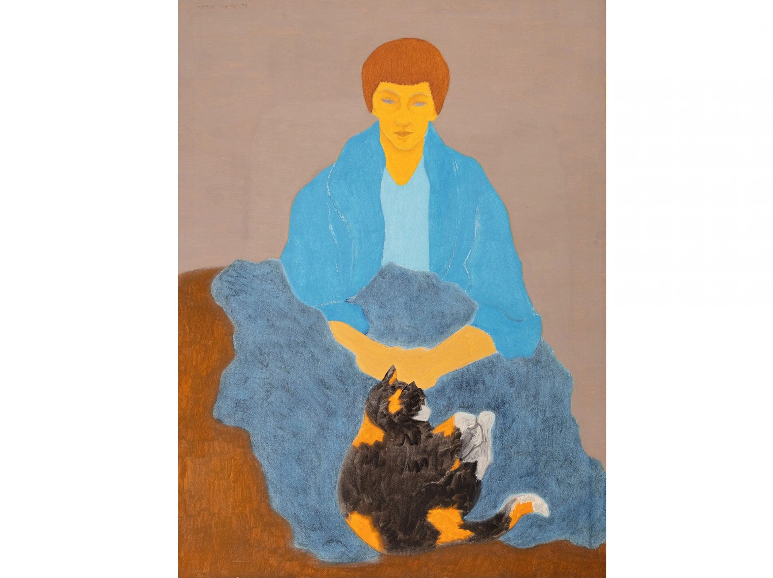 A painting of a woman sitting with her cat