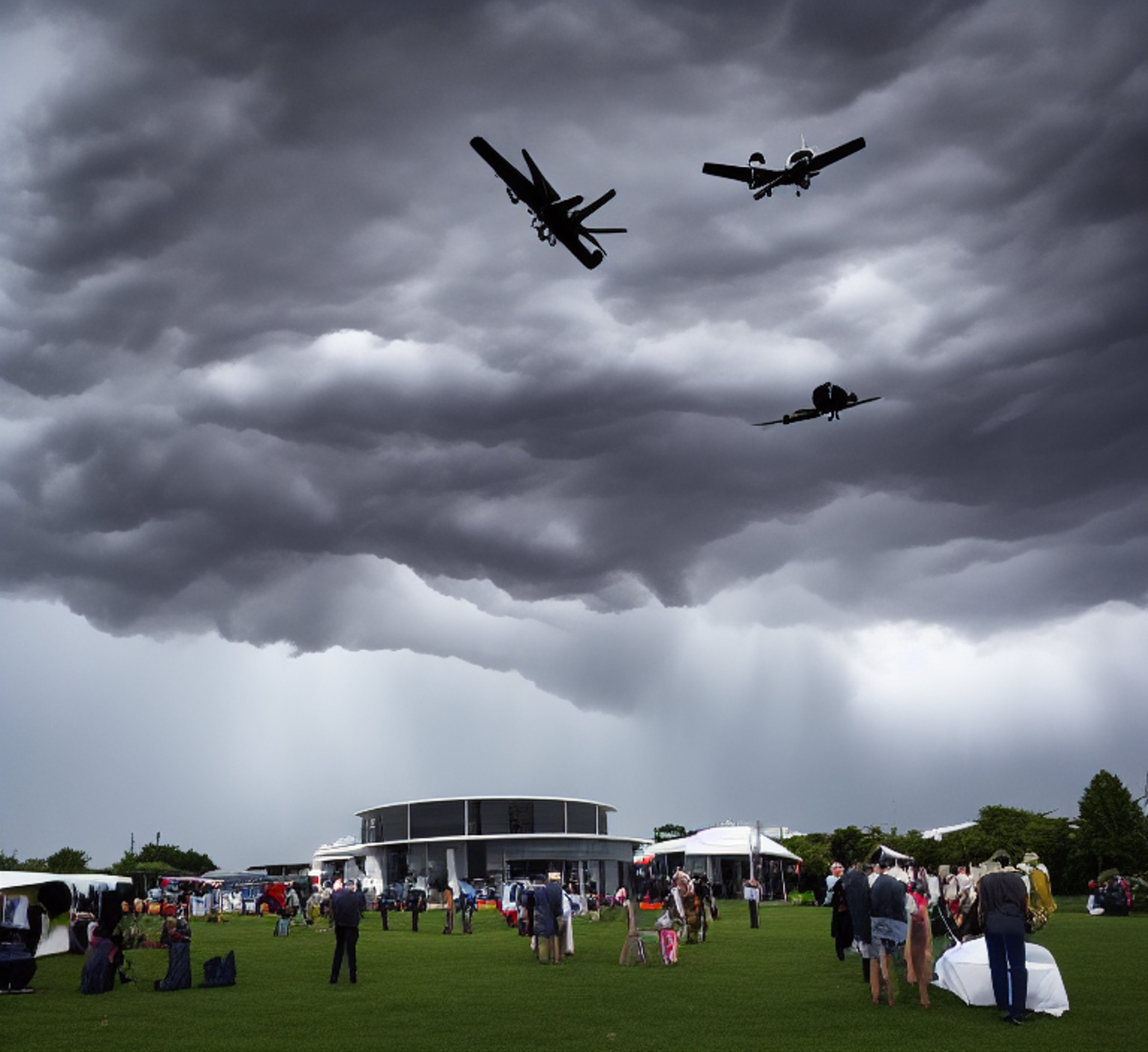 An art fair building threatened by a storm in a dramatic way with two planes in the air