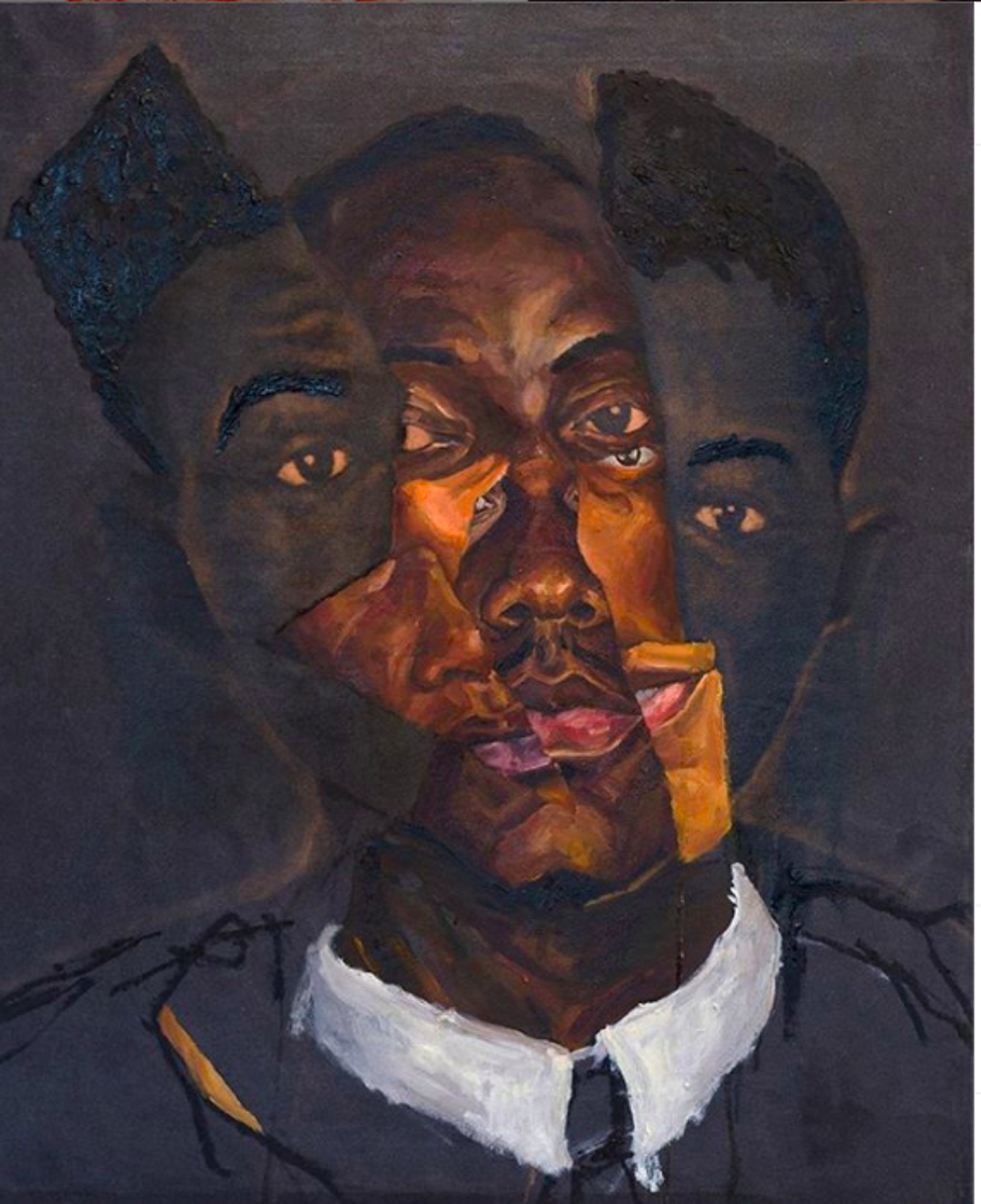 Portraits of Trayvon Martin, Christian Taylor, Tony Robinson, Victor White II, Jonathan Ferrell and Keith Lamont Scott in pieces collaged on canvas