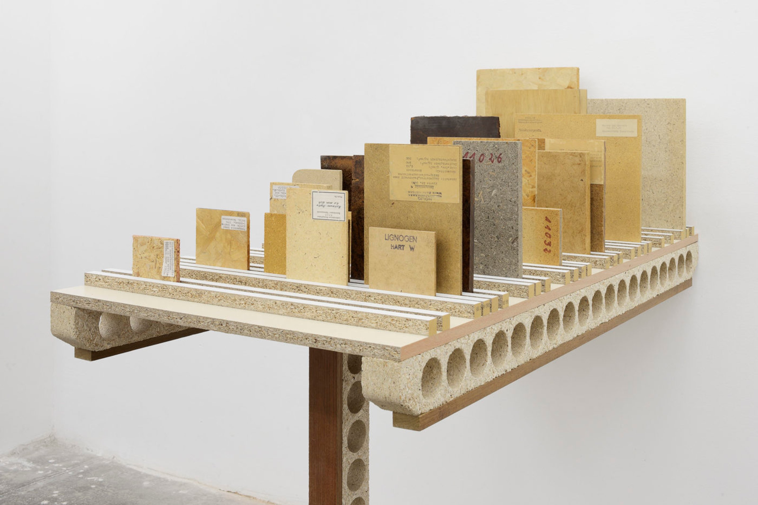 James Beckett, 'The Sceptical Structures of Max: 09', 2020. An artwork made of sheet chipboard, tubular chipboard profile, historical chipboard from the Himmelheber archive, circa 1945 - 1957, 121 × 58 × 100 cm