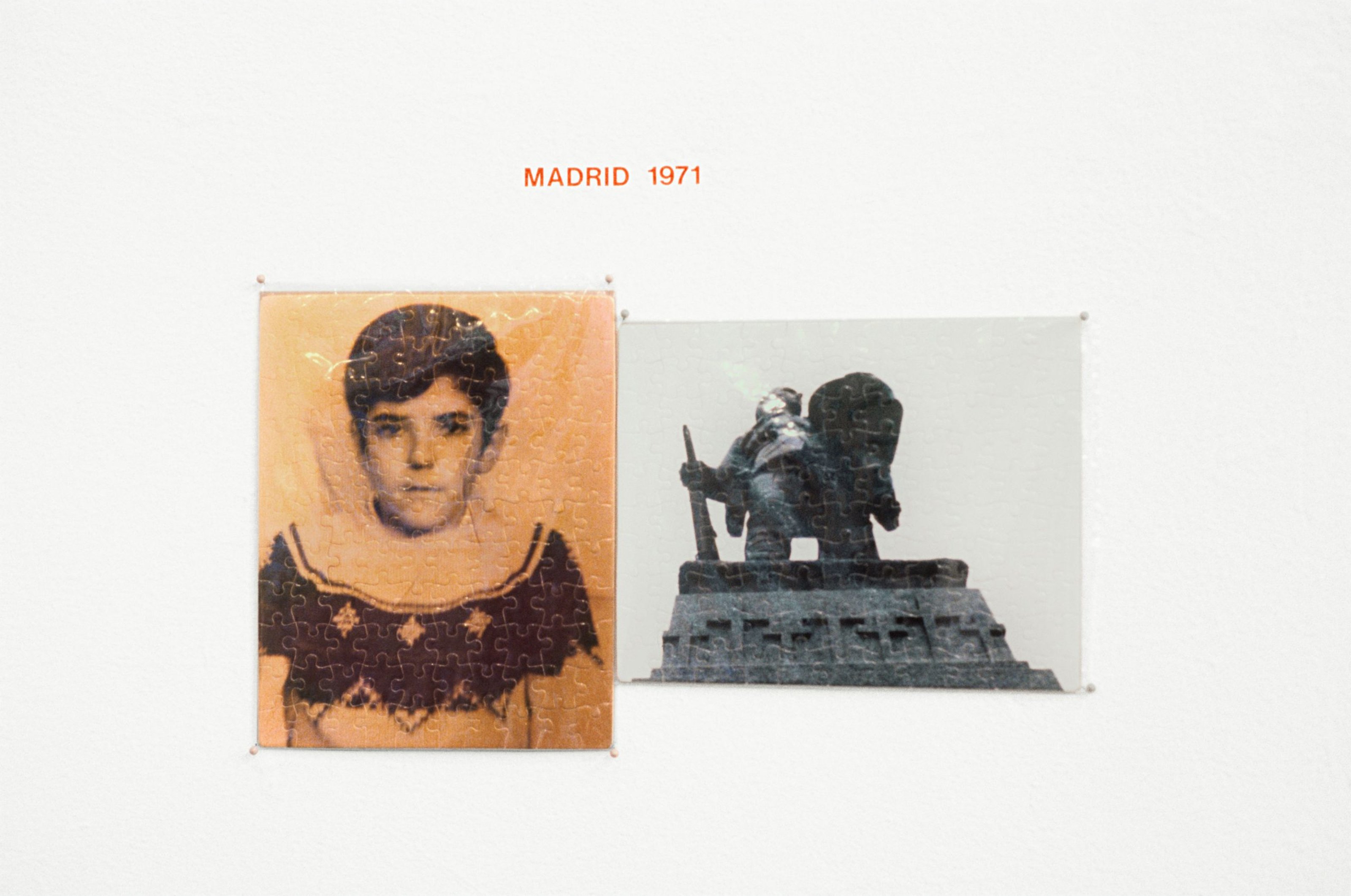 Two puzzles: on the left, a sepia-toned photograph of Felix Gonzalez-Torres as a young boy, and on the right, a black-and-white photograph of a statue from the ground level