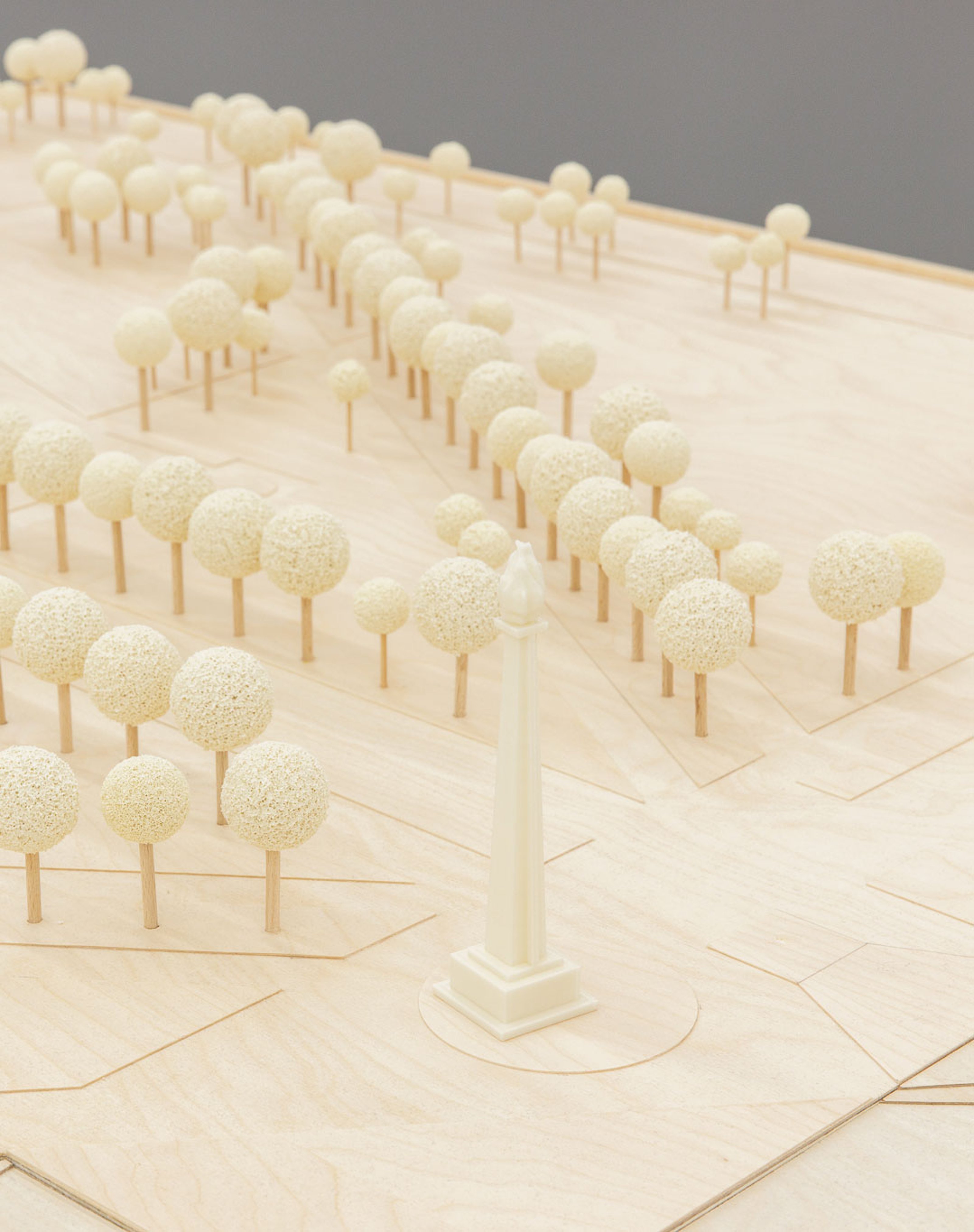 A model of Friendship Park, New Belgrade with the monument and trees